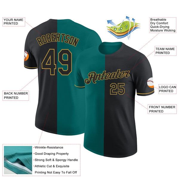 Custom Black Teal-Old Gold Split Fashion Performance T-Shirt alternate