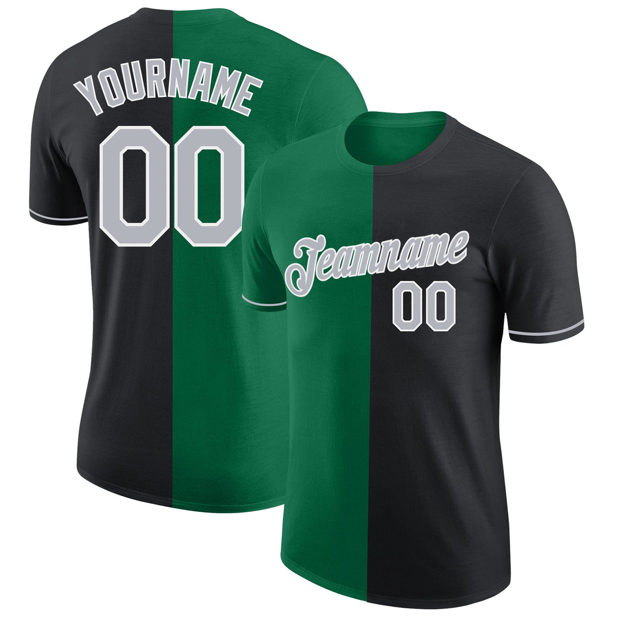 Custom Black Gray-Kelly Green Split Fashion Performance T-Shirt