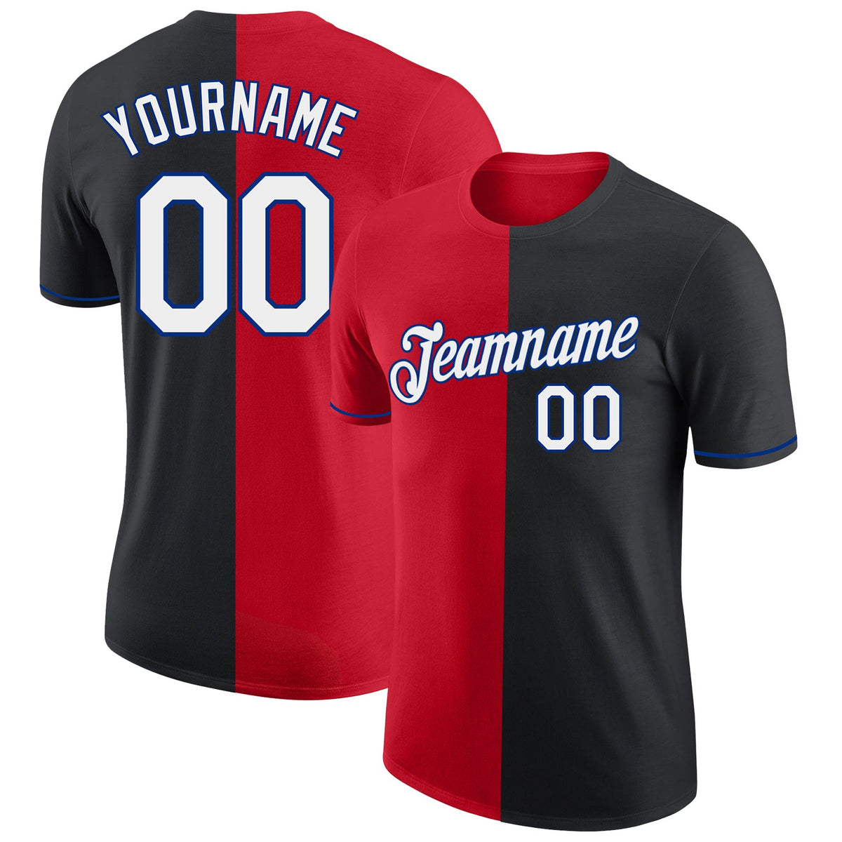 Custom Black Red-Royal Split Fashion Performance T-Shirt