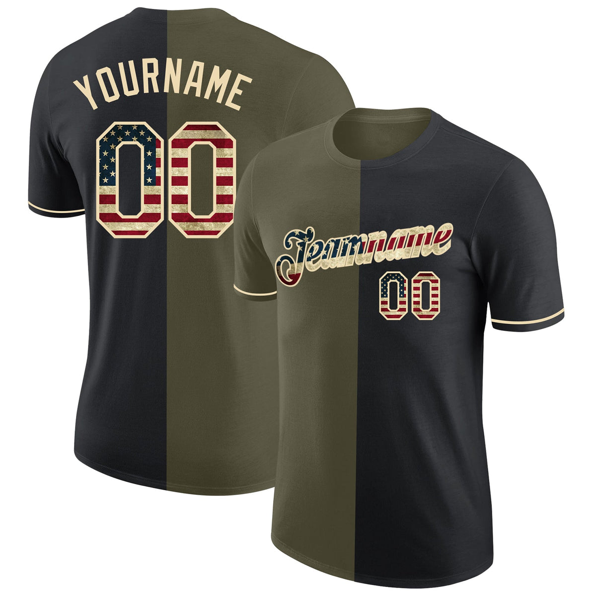 Custom Black Vintage USA Flag Olive-Cream Split Fashion Performance T-Shirt