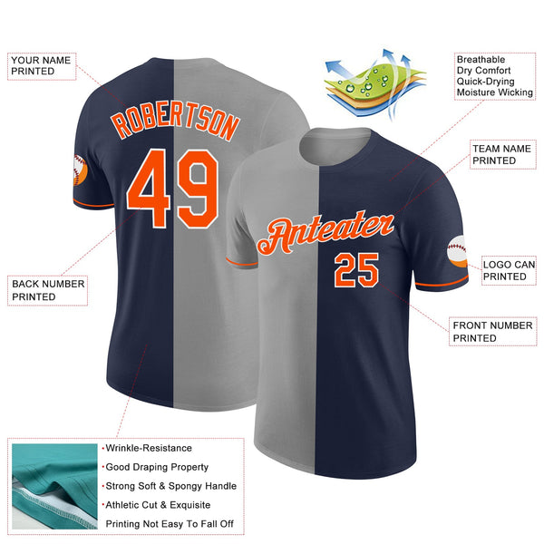 Custom Navy Orange-Gray Split Fashion Performance T-Shirt alternate