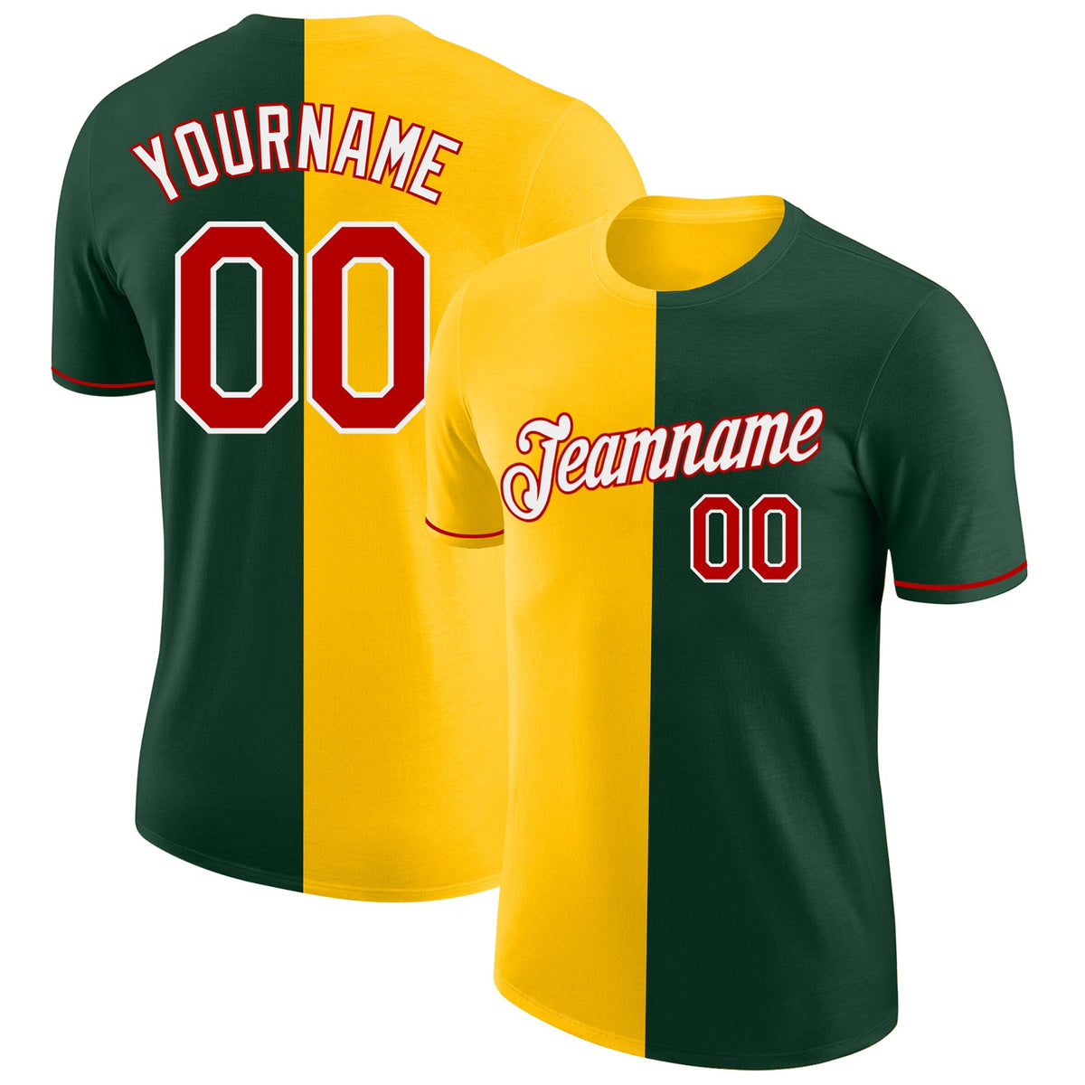 Custom Green Red-Yellow Split Fashion Performance T-Shirt