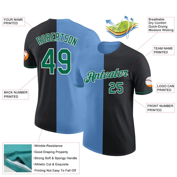 Custom Black Kelly Green-Light Blue Split Fashion Performance T-Shirt alternate