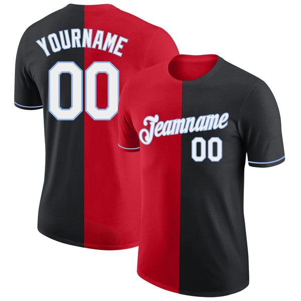 Custom Black Red-Light Blue Split Fashion Performance T-Shirt
