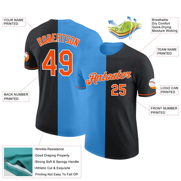 Custom Black Orange-Powder Blue Split Fashion Performance T-Shirt alternate