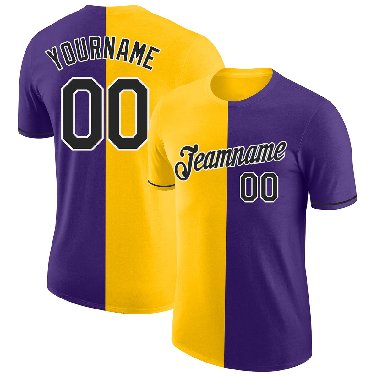 Custom Purple Black-Yellow Split Fashion Performance T-Shirt