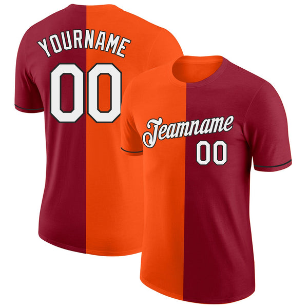 Custom Crimson Orange-Black Split Fashion Performance T-Shirt