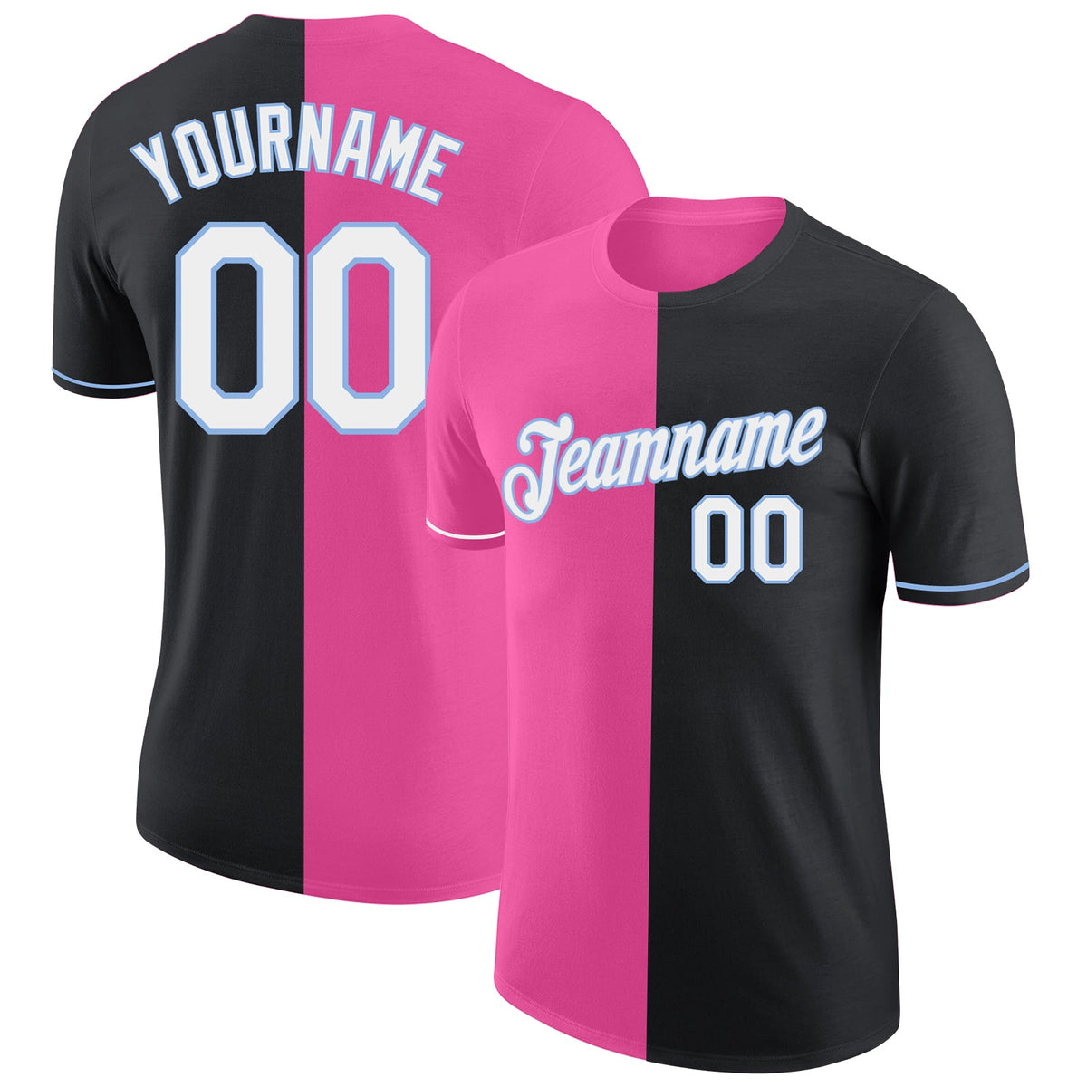 Custom Black Pink-Light Blue Split Fashion Performance T-Shirt
