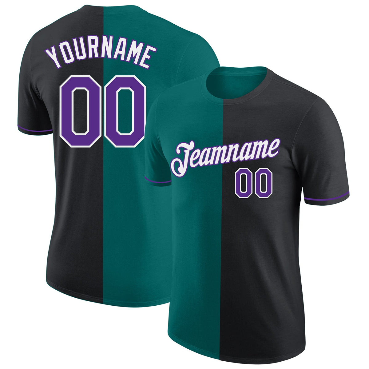 Custom Black Purple-Teal Split Fashion Performance T-Shirt