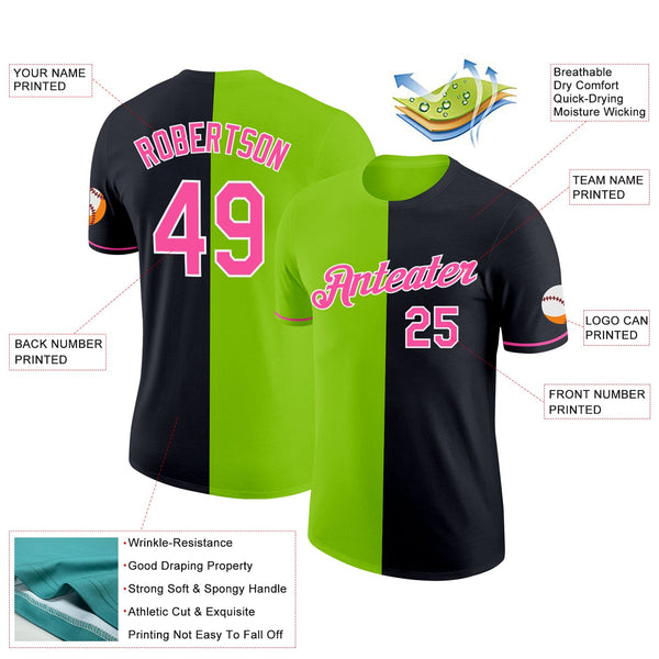 Custom Black Pink-Neon Green Split Fashion Performance T-Shirt alternate