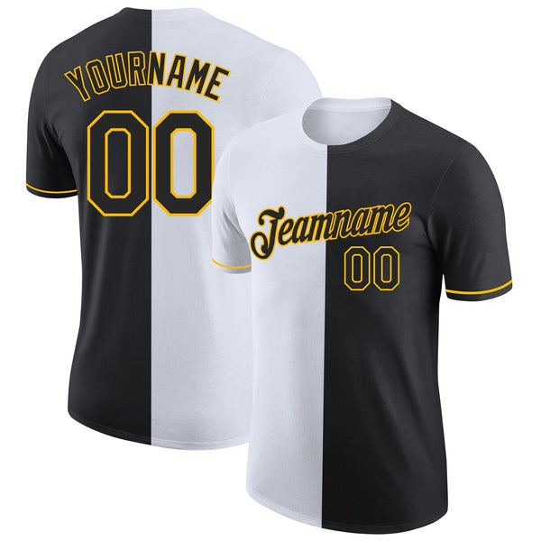 Custom Black White-Gold Split Fashion Performance T-Shirt
