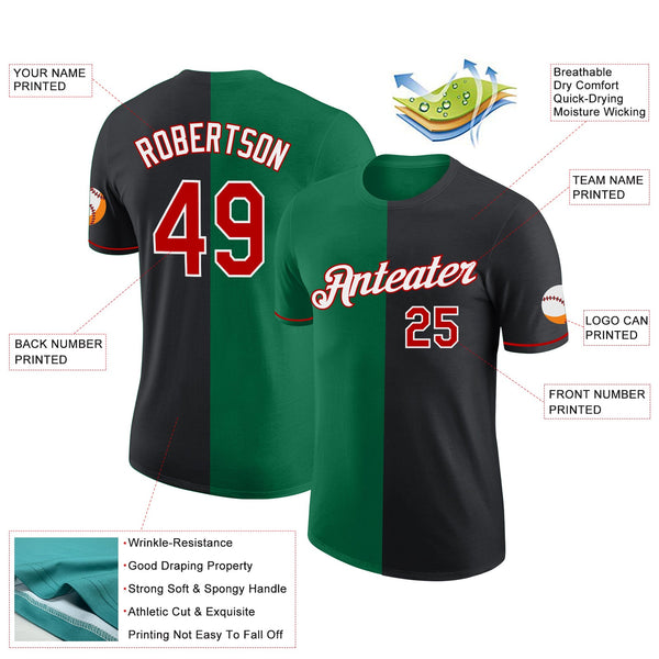 Custom Black Red-Kelly Green Split Fashion Performance T-Shirt alternate