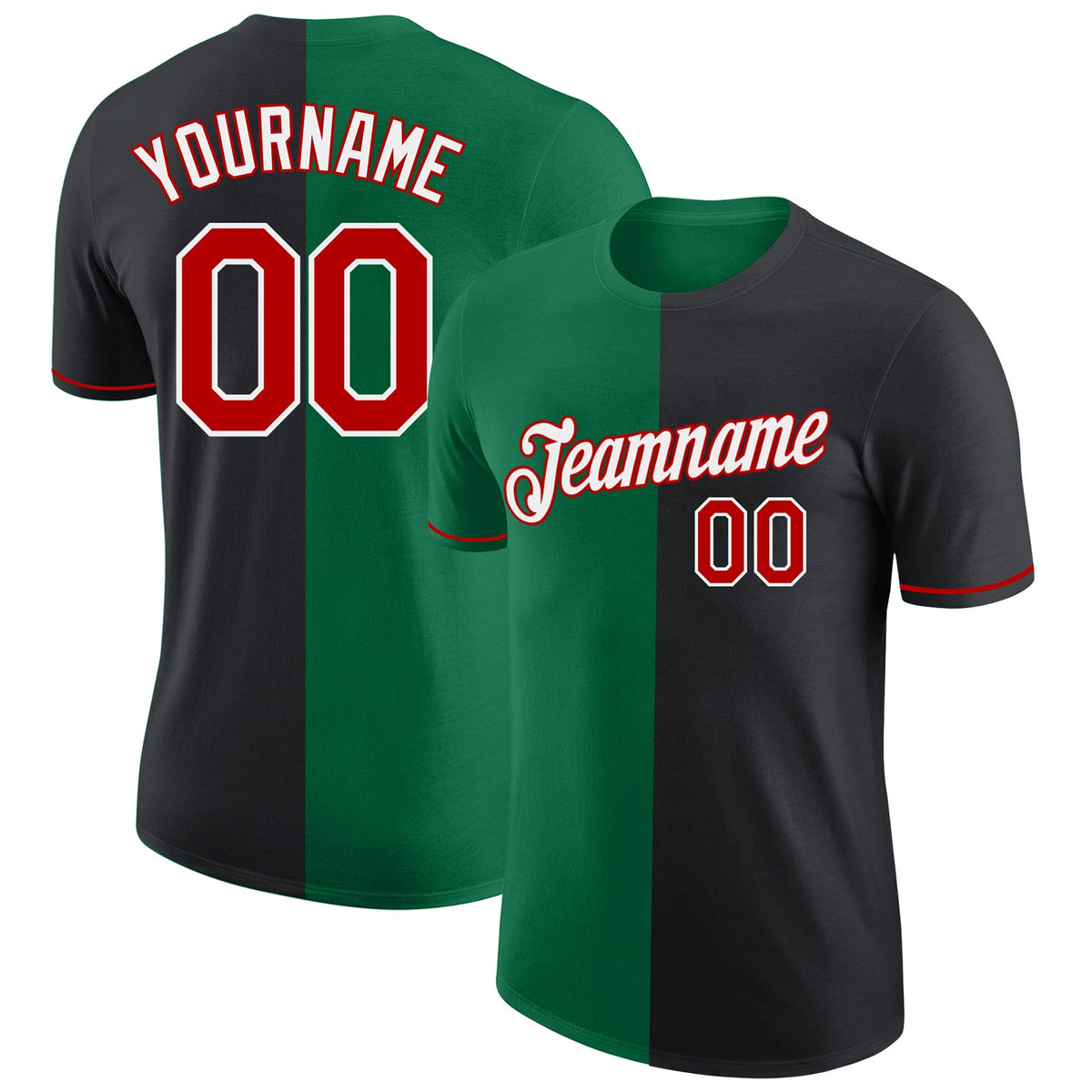 Custom Black Red-Kelly Green Split Fashion Performance T-Shirt
