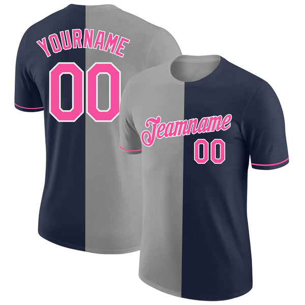 Custom Navy Pink-Gray Split Fashion Performance T-Shirt