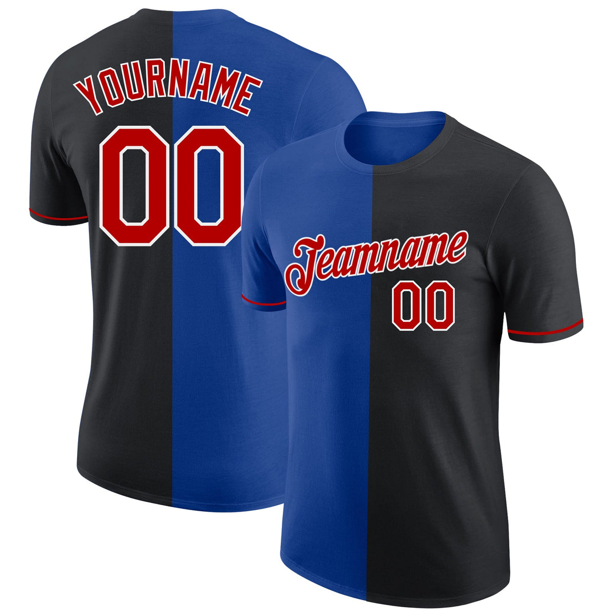 Custom Black Red-Royal Split Fashion Performance T-Shirt