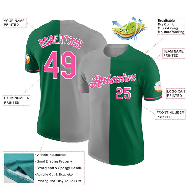 Custom Kelly Green Pink-Gray Split Fashion Performance T-Shirt alternate