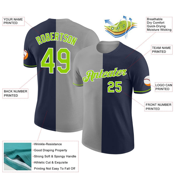 Custom Navy Neon Green-Gray Split Fashion Performance T-Shirt alternate
