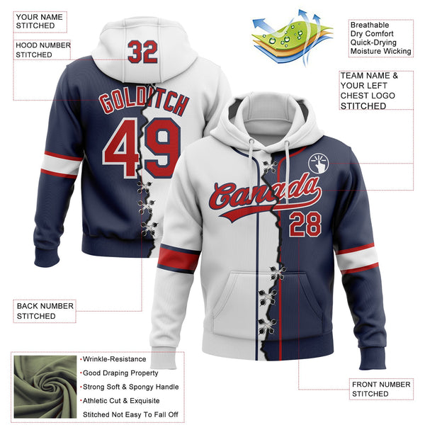 Custom Navy Red-White Split Ripped Pattern Baseball Pullover Sweatshirt Hoodie alternate