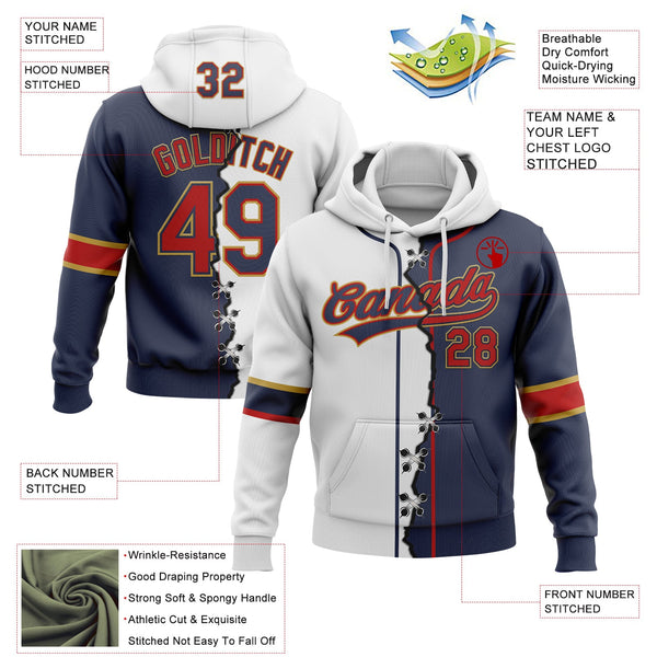 Custom Navy Red Old Gold-White Split Ripped Pattern Baseball Pullover Sweatshirt Hoodie alternate