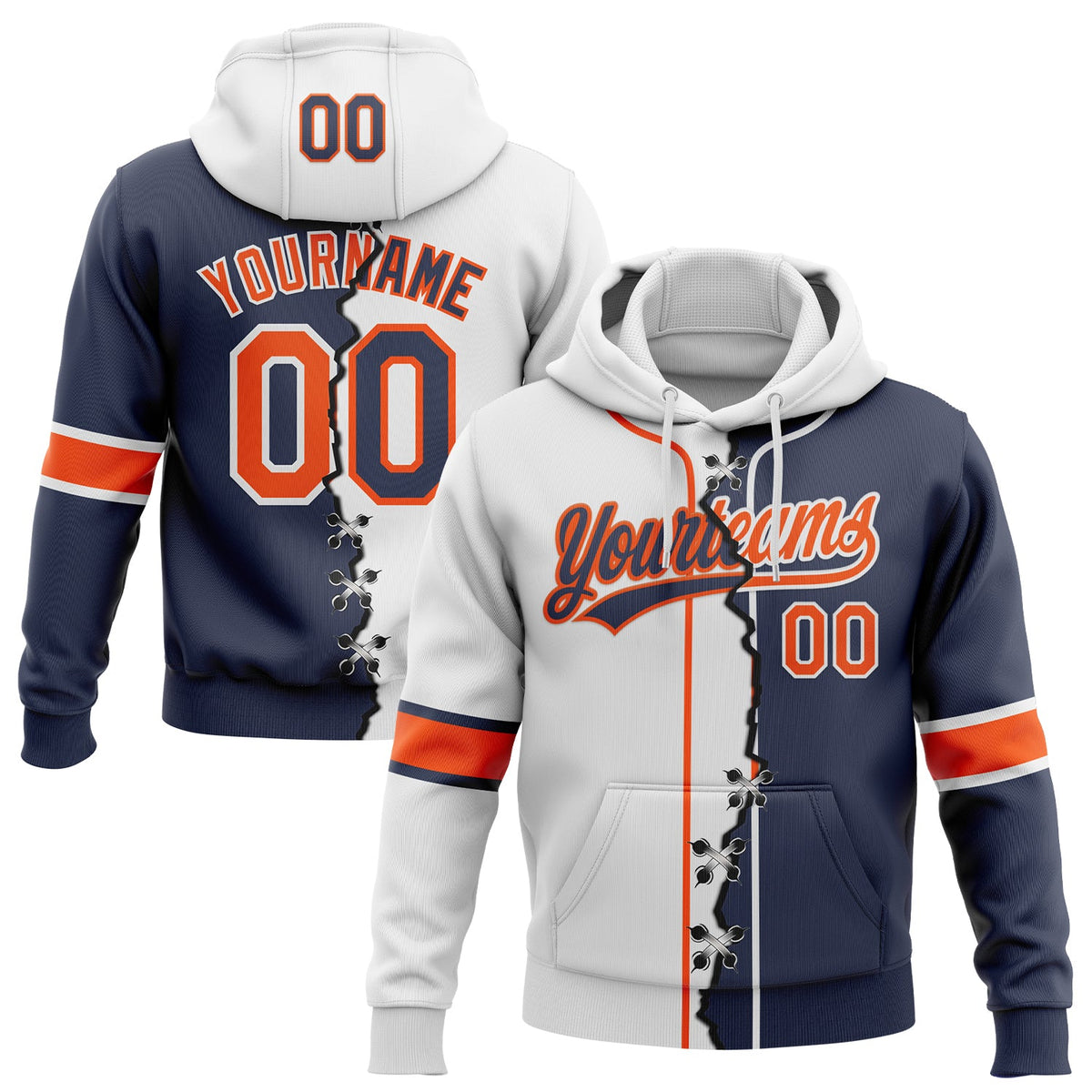 Custom Navy Orange-White Split Ripped Pattern Baseball Pullover Sweatshirt Hoodie