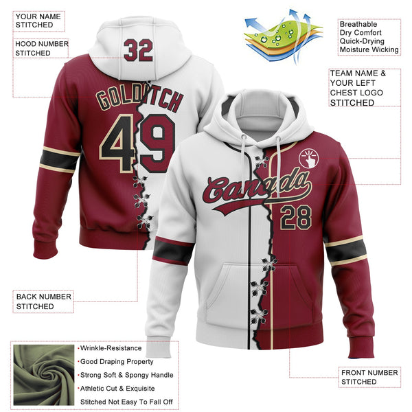 Custom Crimson Black Cream-White Split Ripped Pattern Baseball Pullover Sweatshirt Hoodie alternate