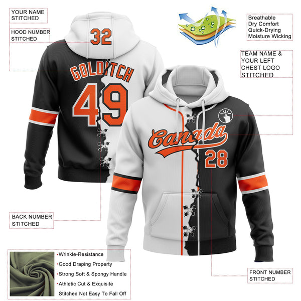 Custom Black Orange-White Split Ripped Pattern Baseball Pullover Sweatshirt Hoodie alternate