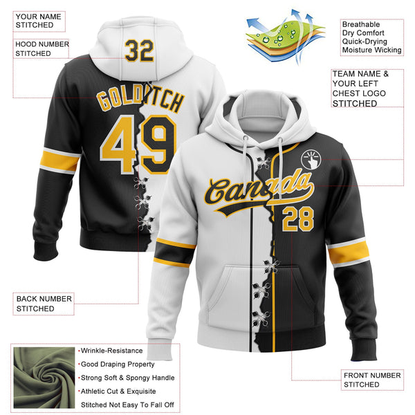 Custom Black Gold-White Split Ripped Pattern Baseball Pullover Sweatshirt Hoodie alternate
