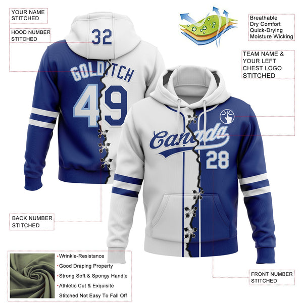 Custom Royal White-Light Blue Split Ripped Pattern Baseball Pullover Sweatshirt Hoodie alternate