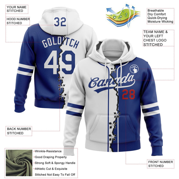 Custom Royal White-Red Split Ripped Pattern Baseball Pullover Sweatshirt Hoodie alternate