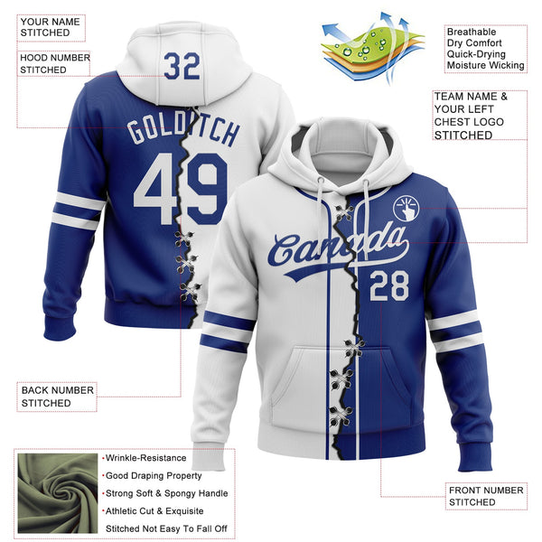 Custom Royal White Split Ripped Pattern Baseball Pullover Sweatshirt Hoodie alternate