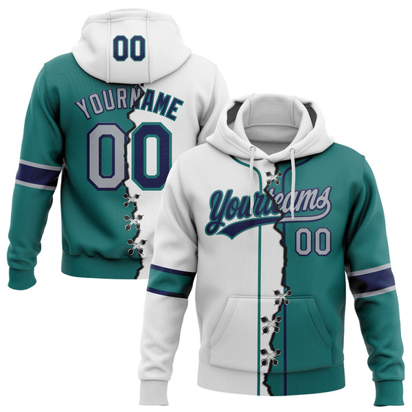 Custom Teal Gray Navy-White Split Ripped Pattern Baseball Pullover Sweatshirt Hoodie