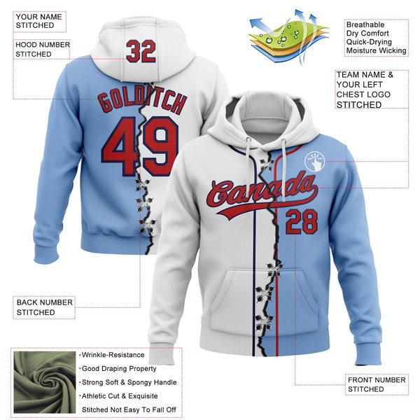 Custom Light Blue Red-Navy Split Ripped Pattern Baseball Pullover Sweatshirt Hoodie alternate