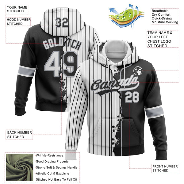 Custom Black White-Gray Pinstripe Split Ripped Pattern Baseball Pullover Sweatshirt Hoodie alternate