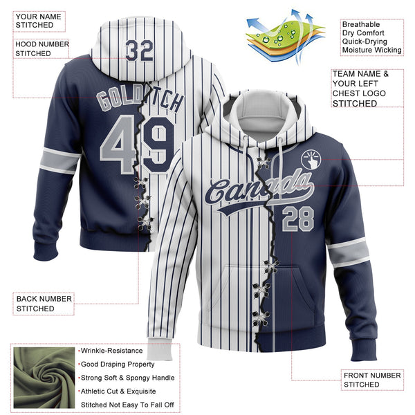 Custom Navy Gray-White Pinstripe Split Ripped Pattern Baseball Pullover Sweatshirt Hoodie alternate