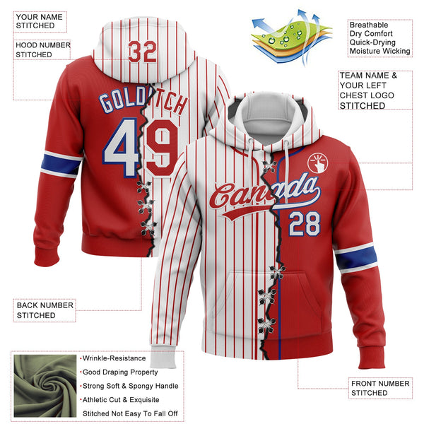 Custom Red White-Royal Pinstripe Split Ripped Pattern Baseball Pullover Sweatshirt Hoodie alternate