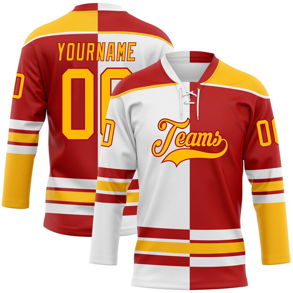 Custom Red Gold-White Split Fashion Hockey Lace Neck Jersey