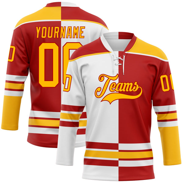 Custom Red Gold-White Split Fashion Hockey Lace Neck Jersey