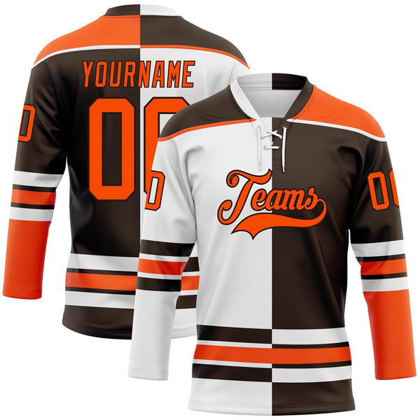 Custom Brown Orange-White Split Fashion Hockey Lace Neck Jersey