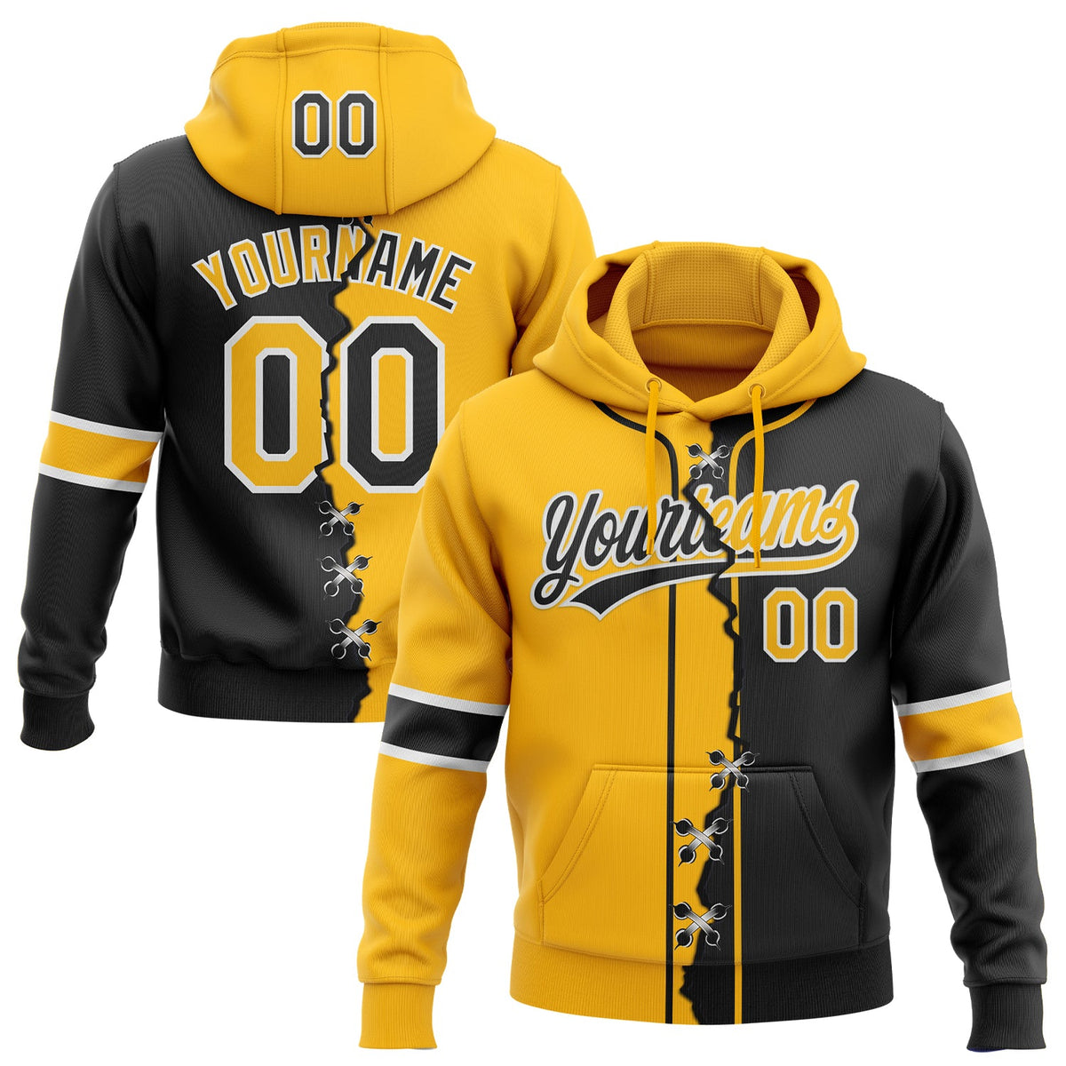 Custom Black Gold-Whte Split Ripped Pattern Baseball Pullover Sweatshirt Hoodie