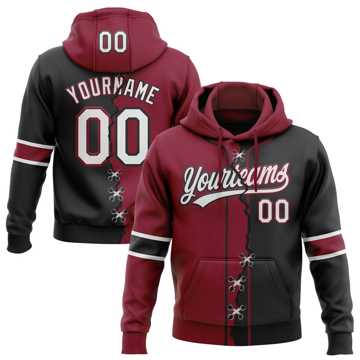 Custom Black White-Crimson Split Ripped Pattern Baseball Pullover Sweatshirt Hoodie