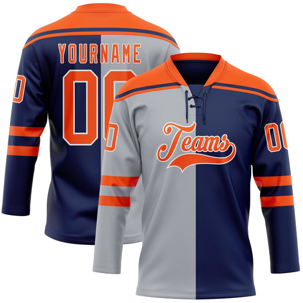 Custom Navy Orange Gray-White Split Fashion Hockey Lace Neck Jersey
