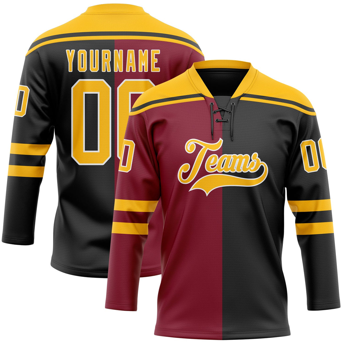 Custom Black Gold Crimson-White Split Fashion Hockey Lace Neck Jersey