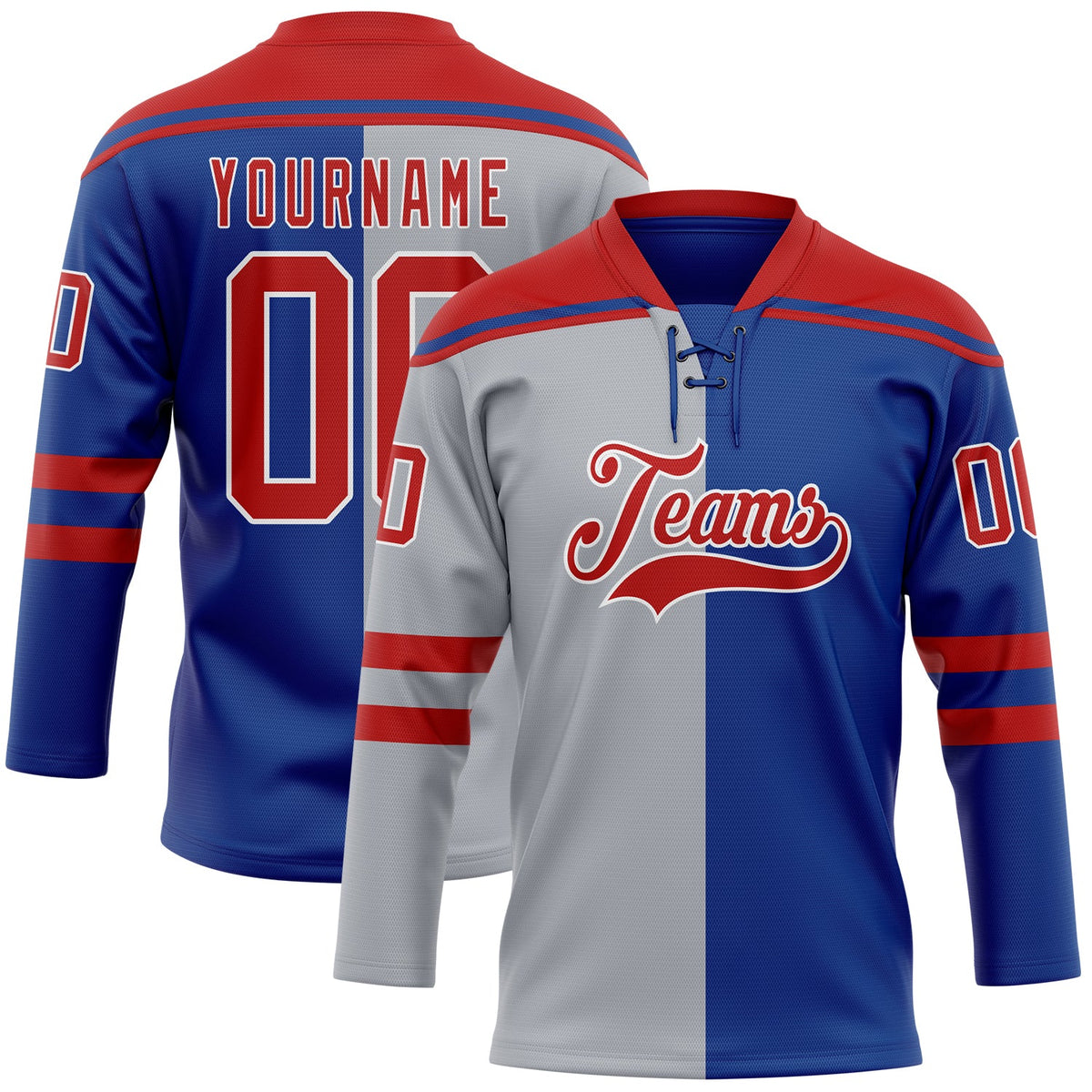Custom Royal Red Gray-White Split Fashion Hockey Lace Neck Jersey