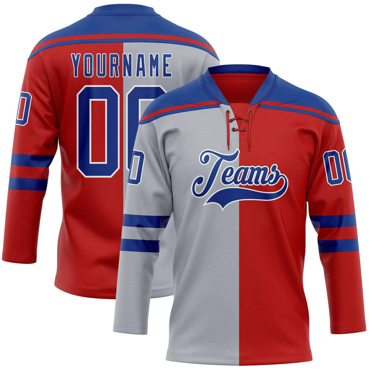 Custom Red Royal Gray-White Split Fashion Hockey Lace Neck Jersey
