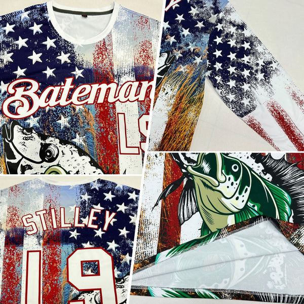 Custom White Red-Royal 3D American Flag And Bass Fish Fishing Long Sleeve Performance T-Shirt alternate