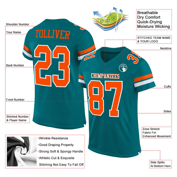 Custom Teal Orange-White Mesh Authentic Football Jersey alternate