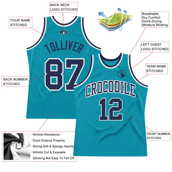 Custom Teal Navy-White Authentic Throwback Basketball Jersey alternate