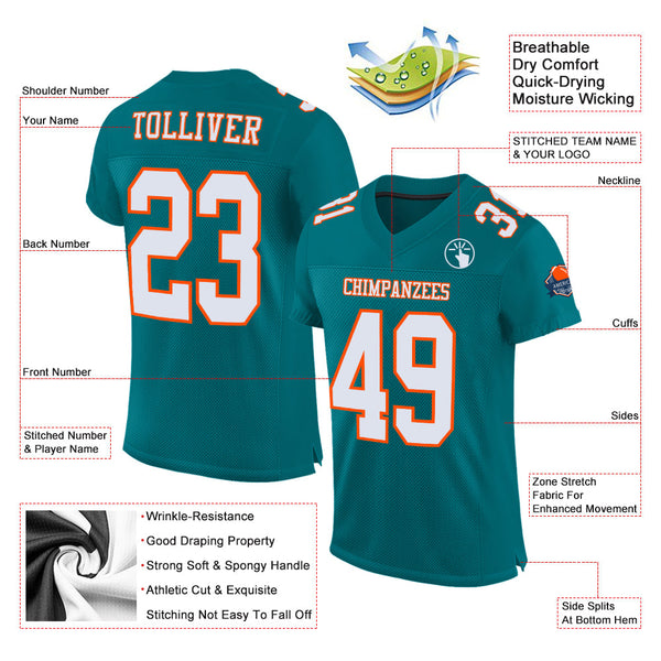 Custom Teal White-Orange Mesh Authentic Football Jersey alternate