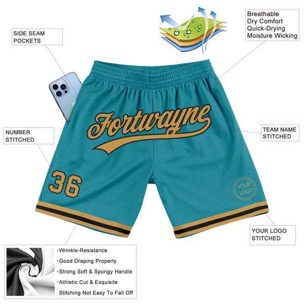 Custom Teal Old Gold-Black Authentic Throwback Basketball Shorts alternate