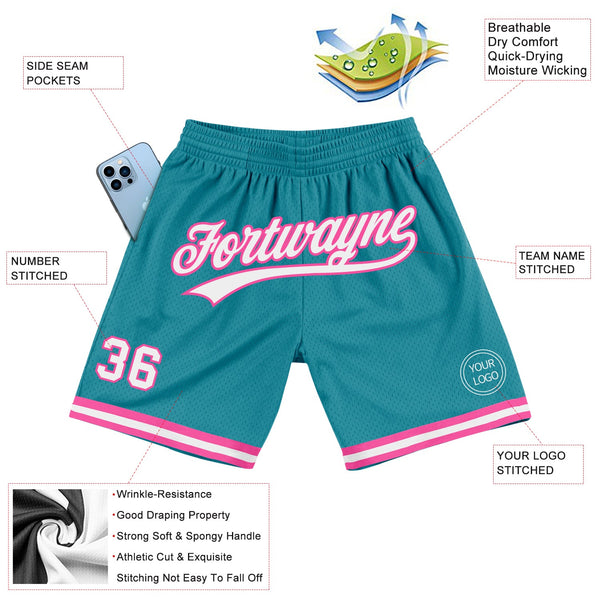 Custom Teal White-Pink Authentic Throwback Basketball Shorts alternate